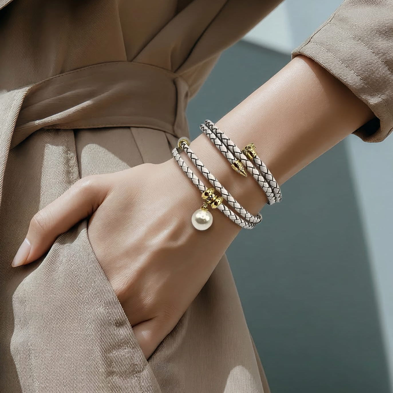 Leather and Pearl Wrap Bracelet